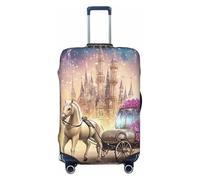 Copertura elastica per valigie da viaggio con castello e carrozza, stampa di fiori e stelle, antigraffio, Nero , M