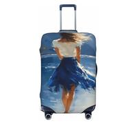 Copertura elastica per valigie da viaggio con gonna blu a piedi nudi donna in piedi sulle rocce, antipolvere, antigraffio, adatta per valigie da 56-61 cm