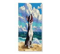 Copertura estiva per porta esterna con cane Boston Terrier, 91 x 182 cm, decorazione per porta anteriore e posteriore con cucciolo costiero sulla spiaggia, decorazione per interni e portico