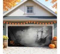 Copertura gotica per porta del garage di Halloween, nave nera e nebbia grandi decorazioni per porte del garage, decorazione autunnale per interni ed esterni per feste di Halloween, 390 x 180 cm