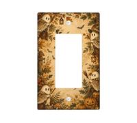 Copertura interruttore della luce a bilanciere singolo con fantasma e | Foglia autunnale vintage, arte Jack-o'-lantern, bordo botanico rustico, abbellimento stagionale per la casa