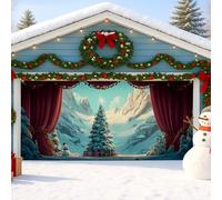 Copertura invernale per porta del garage, scena delle montagne innevate con albero di Natale, decorazione per interni ed esterni, per le festività natalizie, 400 x 180 cm