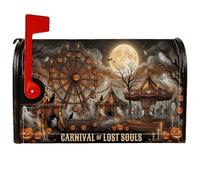 Copertura magnetica per cassetta delle lettere a tema Halloween e Carnevale | Tema spettrale del circo, involucri della cassetta postale, sfondo luna piena, figure fantasma, zucche raccolte autunnali