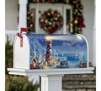 Copertura magnetica per cassetta delle lettere con faro, copertura per cassetta delle lettere natalizia con Babbo Natale e neve, colore blu, decorazione per portico anteriore, 53 x 64 cm