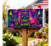 Copertura magnetica per cassetta delle lettere con maschera Tiki, copertura per cassetta postale verde neon tropicale tropicale con fiori tropicali per cocktail, decorazione da giardino per esterni
