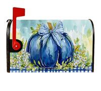 Copertura magnetica per cassetta postale a forma di zucca, con nastro blu autunnale con fiori rustici, per decorazioni esterne, 53 x 64 cm