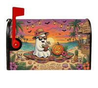 Copertura magnetica per cassetta postale a tema Halloween con spiaggia | Scena tropicale della spiaggia, copertura della cassetta delle lettere, tavola da surf, Jack-o'-lantern, palme