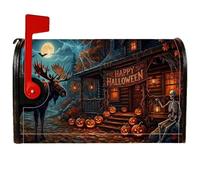 Copertura magnetica per cassetta postale con alce infestata di Halloween | Scheletro, Copertura della cassetta delle lettere, zucche, cabina rustica, luna piena, notte d'autunno, decorazione esterna