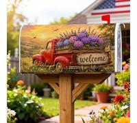 Copertura magnetica per cassetta postale con camion rosso, copertura per cassette postali rustiche con fiori al tramonto estivo, per decorazioni esterne, 45,7 x 53,3 cm