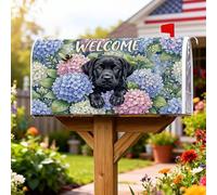 Copertura magnetica per cassetta postale con cane nero, benvenuto floreale ortensia farfalla primavera viola protezione per cassetta postale per decorazione cortile 45,7 x 53,7 cm