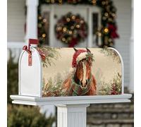 Copertura magnetica per cassetta postale con cavallo, cappello di Babbo Natale rustico di Natale, sciarpa verde, copertura stagionale per cassetta postale per esterni da cortile, 53 x 64 cm