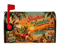 Copertura magnetica per cassetta postale con citazione di Babbo Natale | Tema spiaggia tropicale, copertura postale, illustrazione rilassata di Babbo Natale, sfondo oceano tramonto