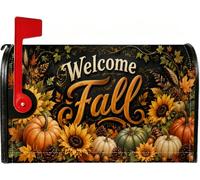 Copertura magnetica per cassetta postale con citazione "Welcome Fall | Girasole, involucri per cassette postali, fogliame autunnale, tema raccolto, attacco magnetico, appello a cordolo esterno