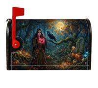 Copertura magnetica per cassetta postale con donna mistica, gotico incantato corvo zucche di Halloween verde scuro per decorazione cortile 45,7 x 53,3 cm