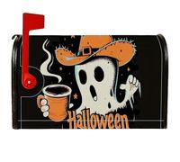 Copertura magnetica per cassetta postale con fantasma, cappello da cowboy per Halloween, tazza da caffè, Halloween, arancione, decorazione per portico, 45 x 53 cm
