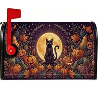 Copertura magnetica per cassetta postale con gatto mistico e zucche a tema | Sfondo luna piena, copertura per cassetta delle lettere, Jack-o'-lanterns, foglie autunnali, arte fantasiosa