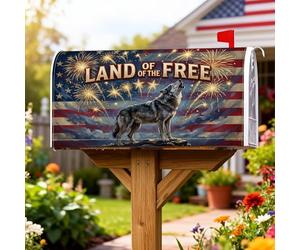 Copertura magnetica per cassetta postale con lupo, copertura per cassetta postale stagionale rossa con fuochi d'artificio festivi patriottici e stelle, per giardino, patio, 53 x 64 cm