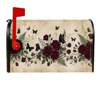 Copertura magnetica per cassetta postale con rose e farfalle romantiche | Farfalle scure, copertura per cassetta postale, fogliame felce, texture pergamena vintage, arte botanica, fascino da esterno
