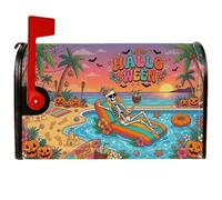Copertura magnetica per cassetta postale con scheletro tropicale e | Scena tropicale della spiaggia, copertura della cassetta delle lettere, palme, Jack-o'-lanterns, relax lato piscina