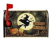 Copertura magnetica per cassetta postale con strega, con zucche rustiche festive, luna, Halloween, colore nero, protezione per la decorazione del giardino e del cortile, 45,7 x 53,3 cm