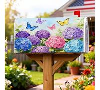 Copertura magnetica per cassetta postale, motivo ortensie, con fiori primaverili e farfalle, colore viola, decorazione per esterni, giardino, cortile, 53 x 65 cm