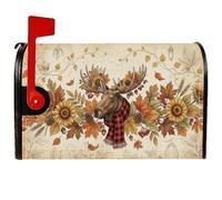 Copertura magnetica per cassetta postale rustica, motivo: alce e girasole | Tema rustico del bosco, involucro della cassetta postale, dettaglio sciarpa scozzese di bufalo, accenti di girasole e