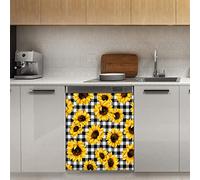 Copertura magnetica per lavastoviglie a quadri, motivo girasole, bianco, nero, quadri, magnetico, per decorazione per frigorifero, cucina, porta, 58,4 x 66 cm