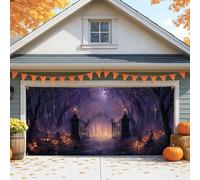 Copertura mistica per porta del garage di Halloween, foresta incantata viola, grande decorazione per porte del garage, decorazione autunnale per interni ed esterni, sfondo per feste autunnali, 390 x