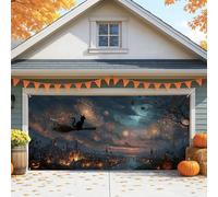 Copertura mistica per porta del garage, gatto su manico di scopa grande decorazione per porte del garage, decorazione autunnale per interni ed esterni, sfondo per feste 400 x 180 cm