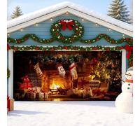 Copertura natalizia per porta del garage, accogliente camino per le vacanze, decorazioni per porte del garage, decorazione invernale per interni ed esterni, sfondo per feste di Natale, 390 x 180 cm