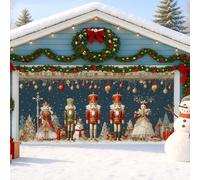 Copertura natalizia per porta del garage, decorazione vintage per le vacanze con soldati schiaccianoci, decorazione natalizia blu da parete per interni ed esterni, 390 x 180 cm