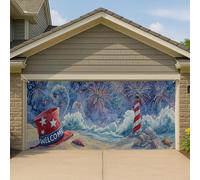 Copertura patriottica per porta del garage della spiaggia dei fuochi d'artificio, grande faro di benvenuto, decorazione estiva per feste all'aperto per il giorno dell'indipendenza, 390 x 180 cm