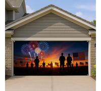 Copertura patriottica per porta del garage, silhouette militare audace e fuochi d'artificio, decorazione per esterni per il giorno dell'indipendenza, il giorno della commemorazione, i veterani, 390 x