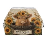 Copertura per barbecue di alta qualità, impermeabile, resistente allo sbiadimento, resistente, adatta per griglie fino a 25 cm in una bella mucca delle Highland Baby seduto in un vecchio barile di