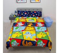 Set copripiumino matrimoniale ufficiale Pokemon, design retrò, reversibile, blu, con Pikachu, Squirtle, Charmander, prodotto ufficiale, con federe coordinate