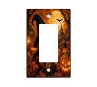 Copertura per interruttore a bilanciere singolo a tema Halloween con gatto | Cappello da strega gatto, Jack-o'-lanterns, pipistrelli volanti, foglie autunnali, farfalla monarca, paesaggio della foresta
