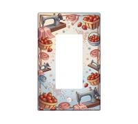 Copertura per interruttore a bilanciere singolo per macchina da cucire, vintage, rustico, fragole, nastro di misurazione primaverile, in plastica blu pastello, accenti di dimensioni standard, piastre
