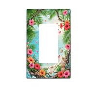 Copertura per interruttore della luce a bilanciere singolo a tema ibisco | Scena tropicale della spiaggia, foglie di palma e conchiglie, accenti decorativi costieri, tema paradiso dell'isola