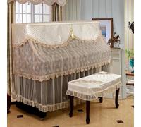 Copertura per pianoforte verticale, Beige Rural Embroidered Lace Ruffle Upright Piano Cover With Stool Multi Sizes(European -Style Beige,Piano+double stool cover)