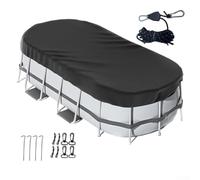 Copertura per piscina ovale nera con sistema di serraggio rapido per piscine fuori terra, in poliestere, protegge da foglie e sporco dalle intemperie (488 x 762 cm)