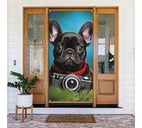 Copertura per porta Bulldog francese cucciolo con fotocamera Banner per porta di benvenuto Decorazione per porta da cortile Banner Segno Foto Sfondo Portico Banner Primavera Estate Stagionale