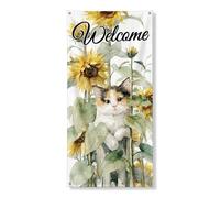 Copertura per porta con gatto di benvenuto in girasoli, fantasia floreale per primavera, affascinante decorazione per interni ed esterni, 91 x 182 cm