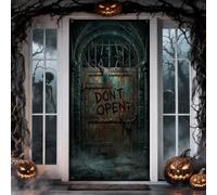 Copertura per porta con scheletro spettrale di Dungeon Horror Citazione | Gothic Dungeon Estetic, banner portico, testo di avvertimento rosso sangue, scena atmosferica inquietante