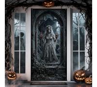 Copertura per porta con scheletro spettrale sposa gotica murale Halloween | Arco gotico, sfondo della porta d'ingresso, vetro rotto, tema horror, decorazione del palazzo infestato, atmosfera spettrale