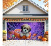 Copertura per porta del garage a forma di cucciolo, decorazione viola per Halloween, grande zucca e caramelle, decorazione per esterni per la stagione autunnale, 400 x 180 cm