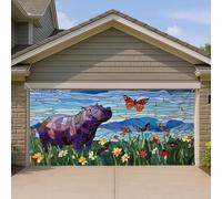 Copertura per porta del garage a forma di ippopotamo, design colorato a mosaico animale, grande decorazione per porte del garage, decorazione per interni ed esterni per tutto l'anno 400 x 180 cm