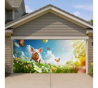 Copertura per porta del garage a forma di maialino, decorazioni colorate primaverili per esterni, grazioso tema floreale con animali per cortile e giardino, ideale per festival stagionali, 400 x 180