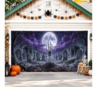 Copertura per porta del garage a mano scheletrata, spettrale gotica, luna piena di Halloween, viola, decorazione per la casa, per cortile, patio, esterno, interno, feste, sfondo, 400 x 180 cm