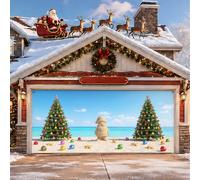 Copertura per porta del garage a tema albero di Natale con spiaggia | Ambiente tropicale della spiaggia, sfondo della porta del garage, scultura di Babbo Natale della sabbia