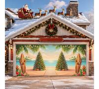 Copertura per porta del garage a tema albero di Natale con spiaggia | Tema tropicale della spiaggia, decorazioni della porta del garage, decorazione della tavola da surf, stile stagionale